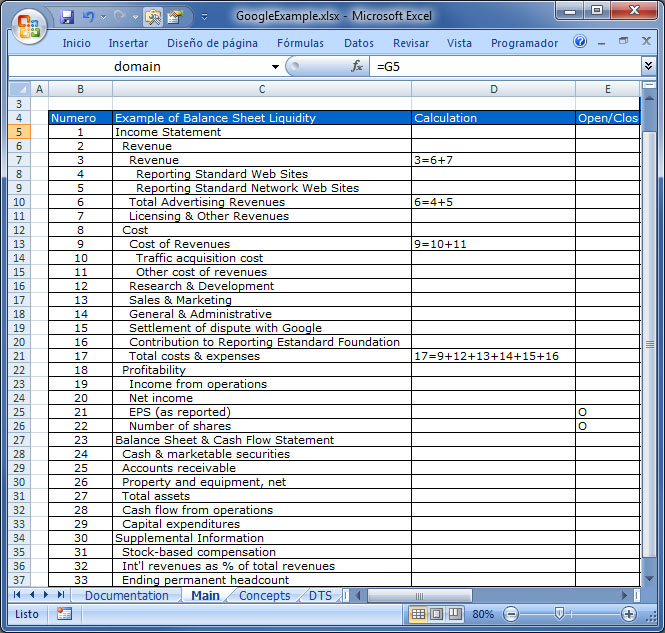 Ejemplo de hoja de Excel para generar una taxonomía usando el Generador de Taxonomías de Reporting Standard