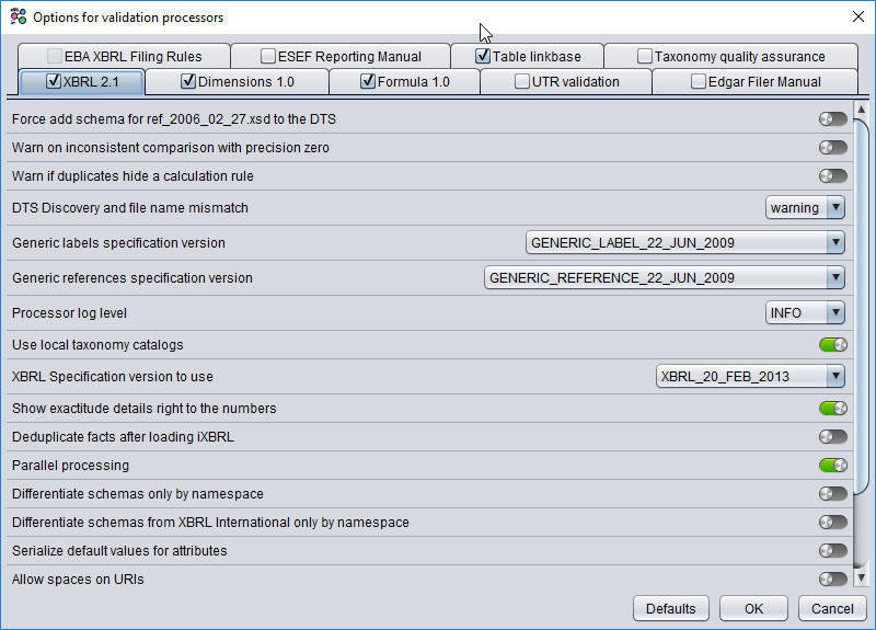 XBRLizer validation option window. Select which validators you want to use for your report