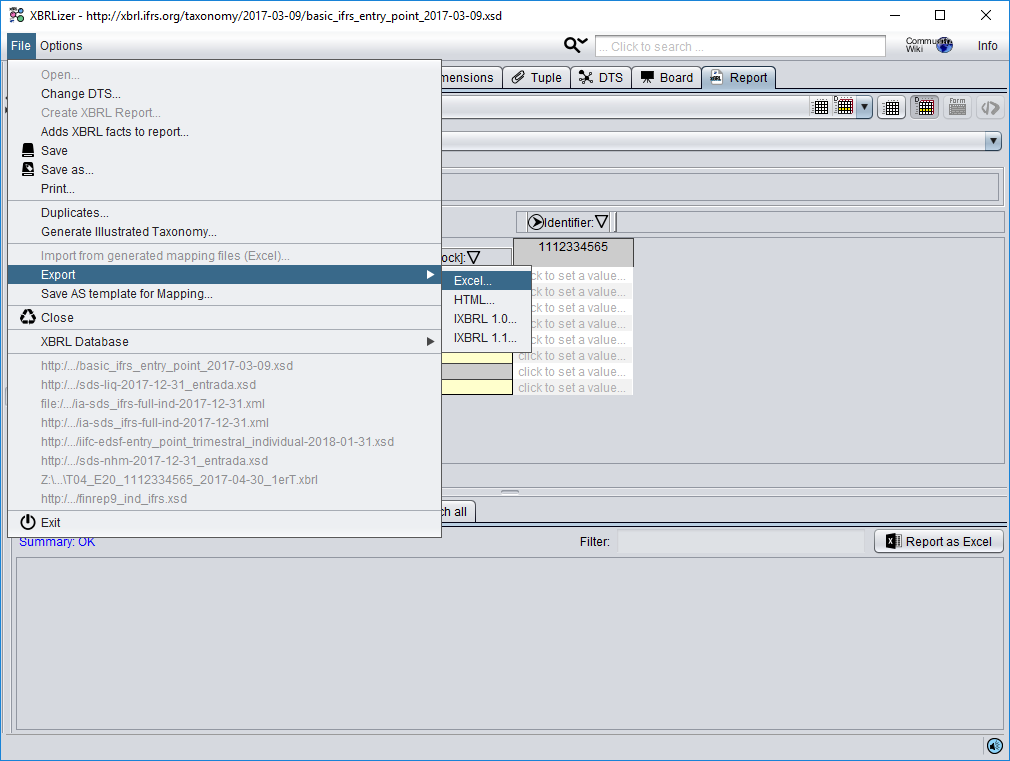 Select the option export to Excel from XBRLizer menu
