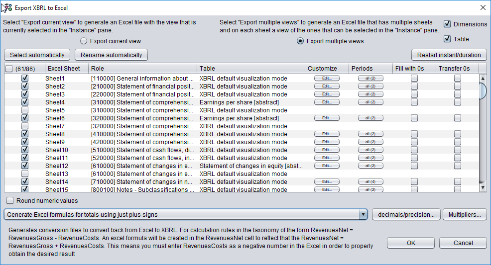 Window where we can select the roles from XBRL we would like to export from Excel
