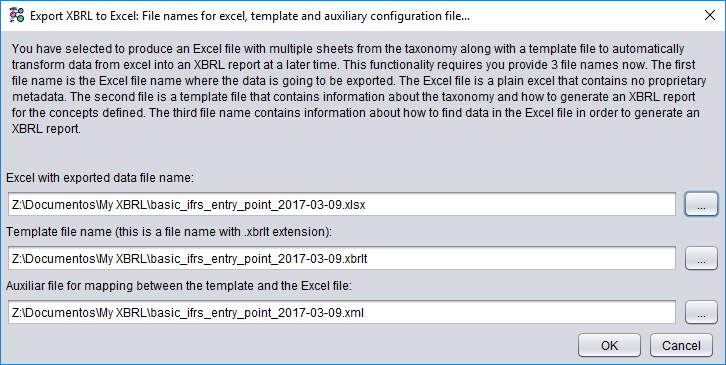 Window to set the filenames for the export files