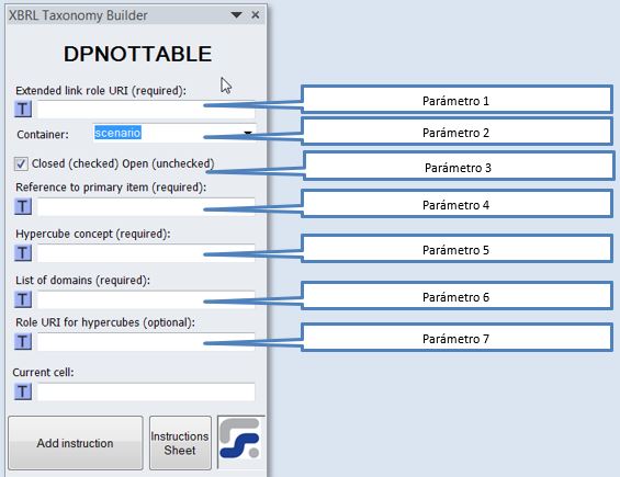 La ventana para definir los parametros de la instruccion DPNOTTABLES instruccion para crear DPS Tables con role not all